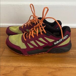Salomon Trail Shoes in Burgundy and Lime with Orange Accents
